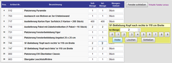 Formular zur Erfassung der Artikelmengen