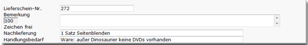 Eingabefelder f�r Handlungsbedarf und Nachlieferung